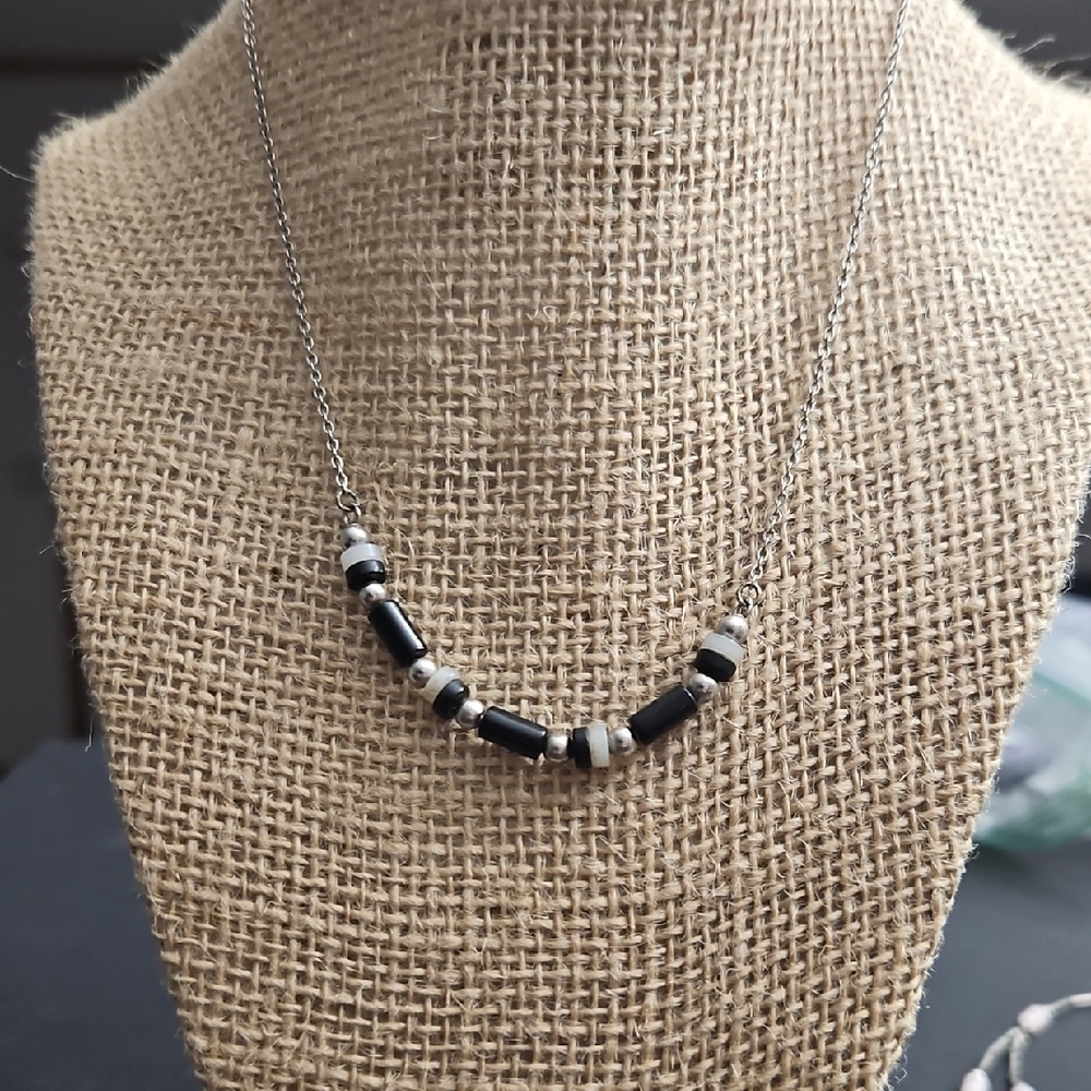 Chic Black, White, and Silver Beaded Necklace for Kids